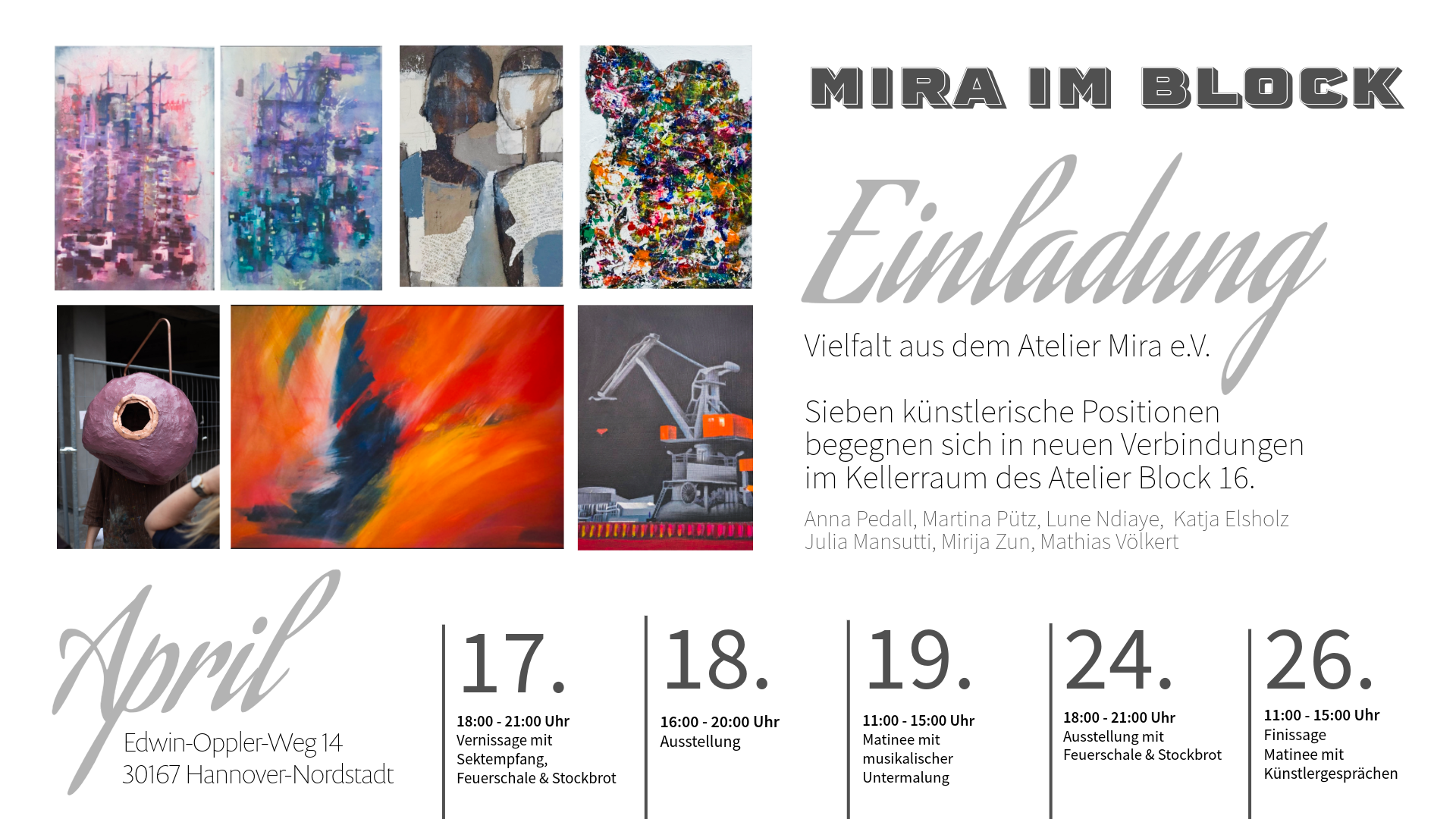 Ein Flyer zu Mira im Block, eine Ausstellung sieben künstlerischer Positionen aus dem Atelier Mira e.V.